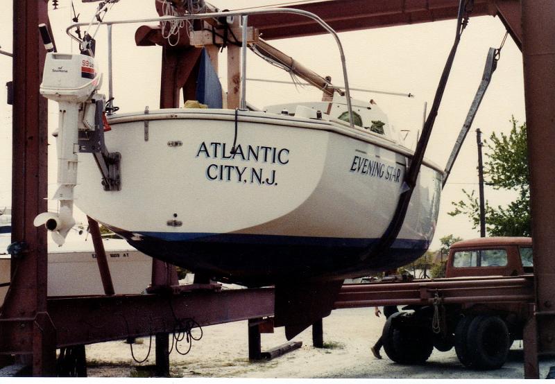 EveningStarOday23_010.jpg - Evening Star, our 1974 O-Day 23 sailboat in Chestnut Neck Boat yard, 1981.